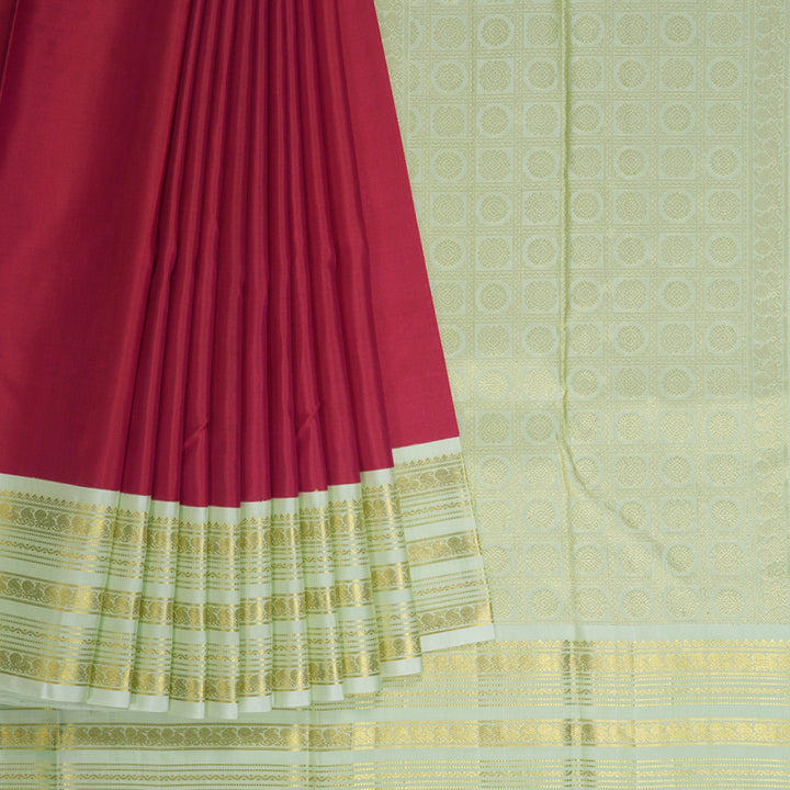 Hayagrivas Handloom Reddish-Pink Kanjivaram Silk Saree with Light Pista Green border KBE1606K31-1