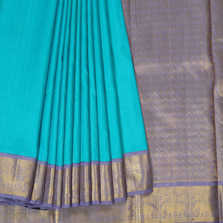 Hayagrivas Handloom Sky Blue Kanjivaram Silk Saree with Lilac Border KBE2325B4-1