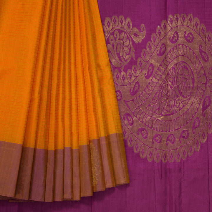 Hayagrivas Handloom Mango Yellow Kanjivaram Silk Sarees with Purple Border KBF196E1-9