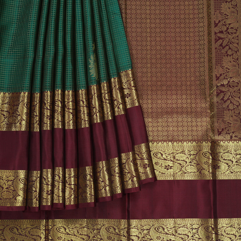 Hayagrivas Handloom Peacock Green Kanjivaram Silk Saree with Wine Maroon Border KBF210E37-3