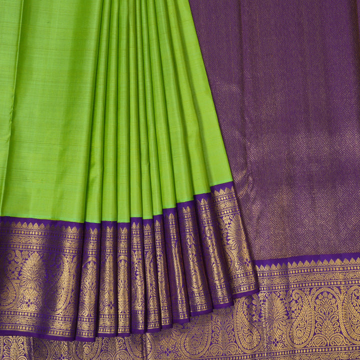 Hayagrivas Handloom Fluorescent Green Kanjivaram Silk Saree with Purple Border KBF149D1-1