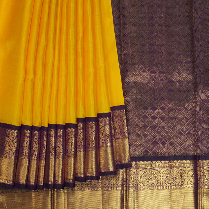 Hayagrivas Handloom Yellow Kanjivaram Silk Saree with Violet Border KBE2377B6-2