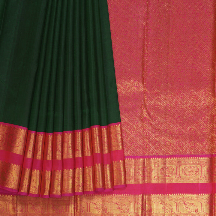 Hayagrivas Handloom Bottle Green Kanjivaram Silk Saree with Pink Border KBE2128A2-3