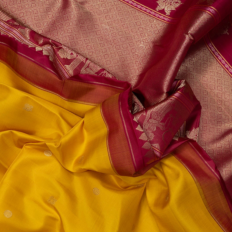 Hayagrivas Handloom Yellow Kanjivaram Silk Saree with Magenta Border KBF481F3-1