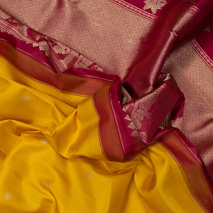 Hayagrivas Handloom Yellow Kanjivaram Silk Saree with Magenta Border KBF481F3-1