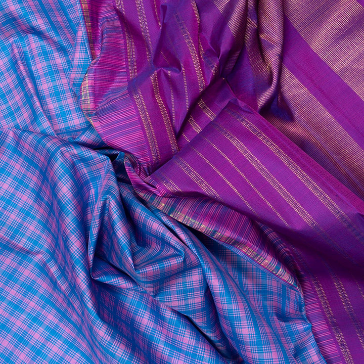 Hayagrivas Handloom Pink &amp; Blue Checks Kanjivaram Silk Saree with Purple Border KBF615G9-1