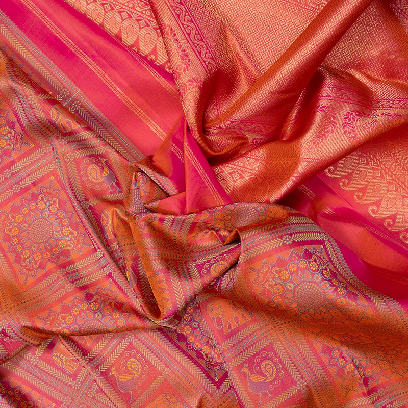 Hayagrivas Handloom Orangish-Pink Kanjivaram Silk Saree KBF670G3-1