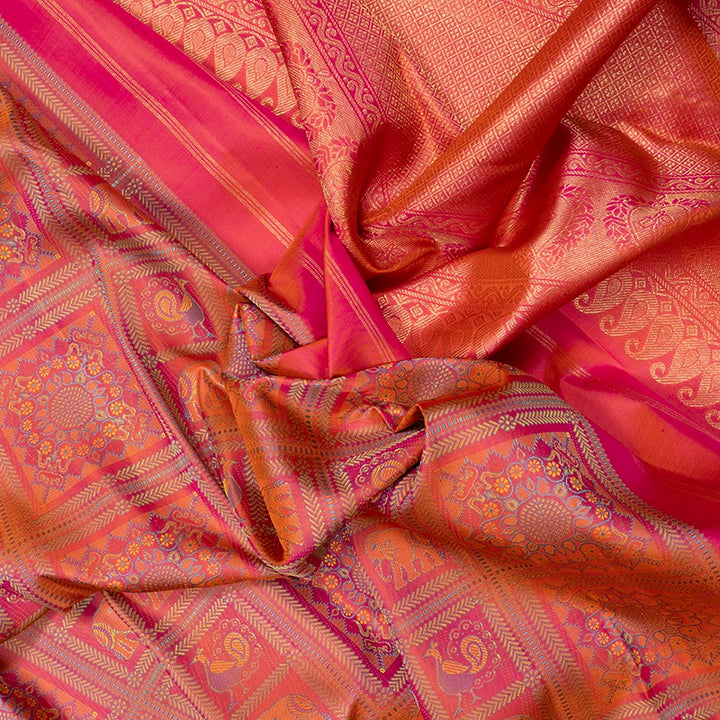 Hayagrivas Handloom Orangish-Pink Kanjivaram Silk Saree KBF670G3-1