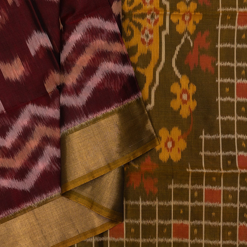 Hayagrivas Dark Marron Ikkat Kora Silk Cotton Saree SSCBF155H1-1
