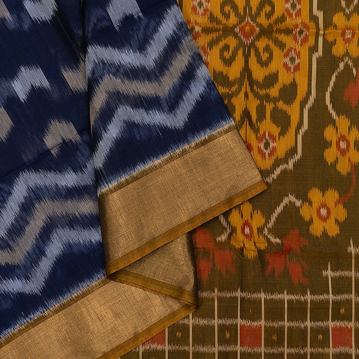 Hayagrivas Navy Blue Ikkat Kora Silk Cotton Saree SSCBF155H1-36