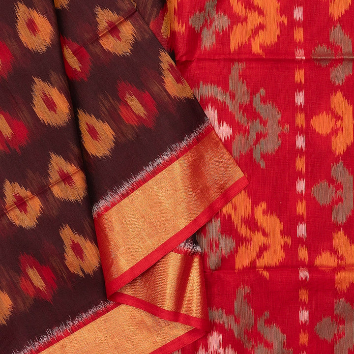 Hayagrivas Dark Maroon Ikkat Kora Silk Cotton Saree SSCBF155H1-45