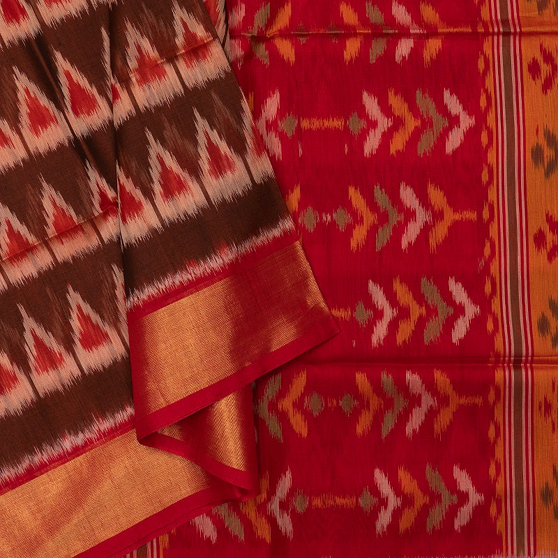 Hayagrivas Rust Brown Ikkat Kora Silk Cotton Saree SSCBF155H1-5