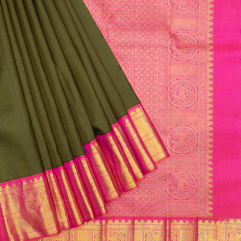 Hayagrivas Handloom Mehandi Green Kanjivaram Silk Saree with Orangish-Pink Border SSCBF189J2-1
