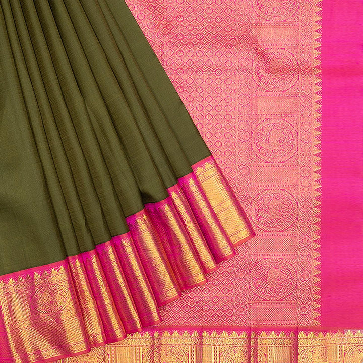 Hayagrivas Handloom Mehandi Green Kanjivaram Silk Saree with Orangish-Pink Border SSCBF189J2-1