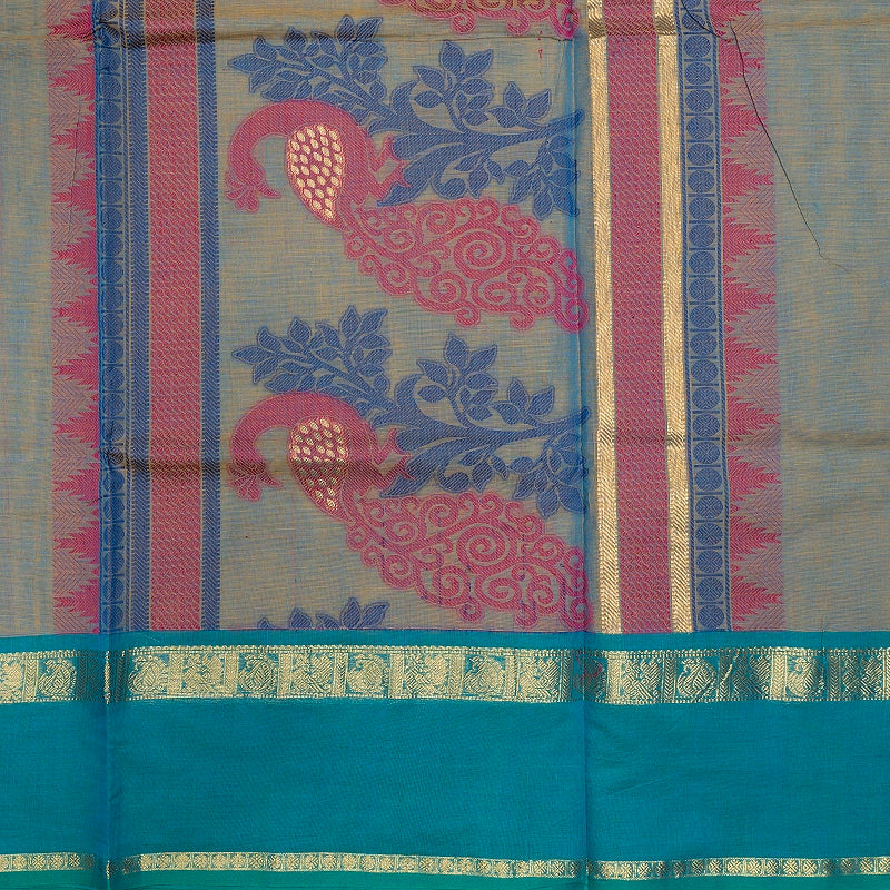 Hayagrivas Brown-Blue Dual Tone Handloom Chettinad Cotton Saree SSSBF131H4-2