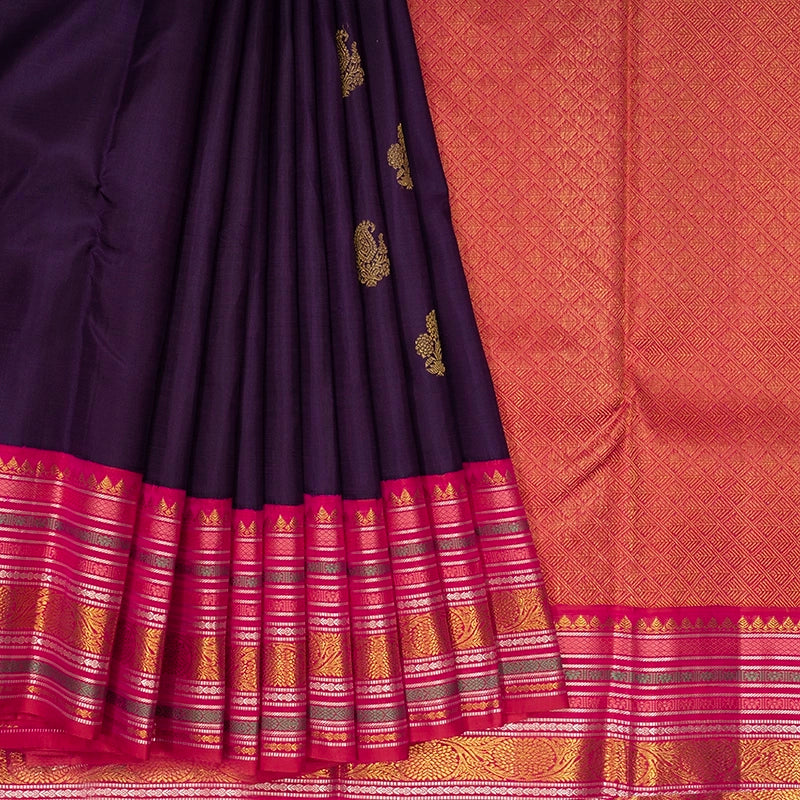 Hayagrivas Handloom Brinjal Purple Kanjivaram Silk Saree with Pink Border KBE1818L6-1