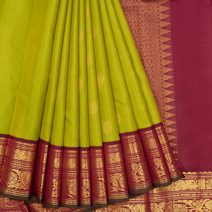 Hayagrivas Handloom Fluorescent Green Kanjivaram Silk Saree with Burgundy Border KBF411F27-1