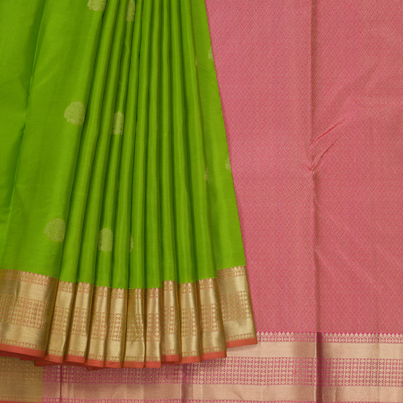Hayagrivas Handloom Parrot Green Kanjivaram Silk Saree with Pink Border KBF50D22-4