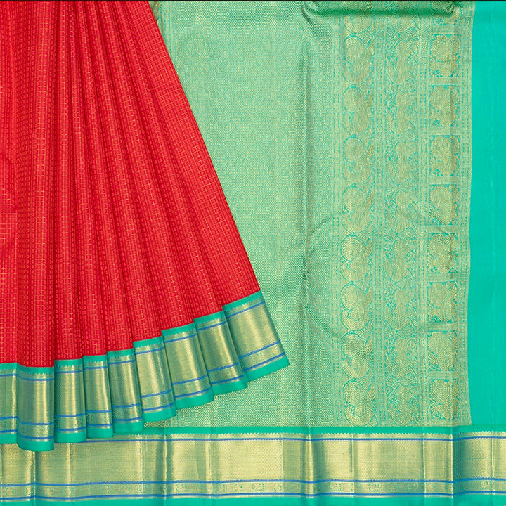 Hayagrivas Handloom Red Kanjivaram Silk Saree with Aqua Green Border KBF427F5-3