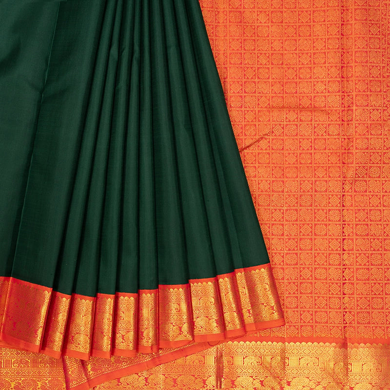 Hayagrivas Handloom Bottle Green Kanjivaram Silk Saree with Orangish-Pink Border KBF307E4-1