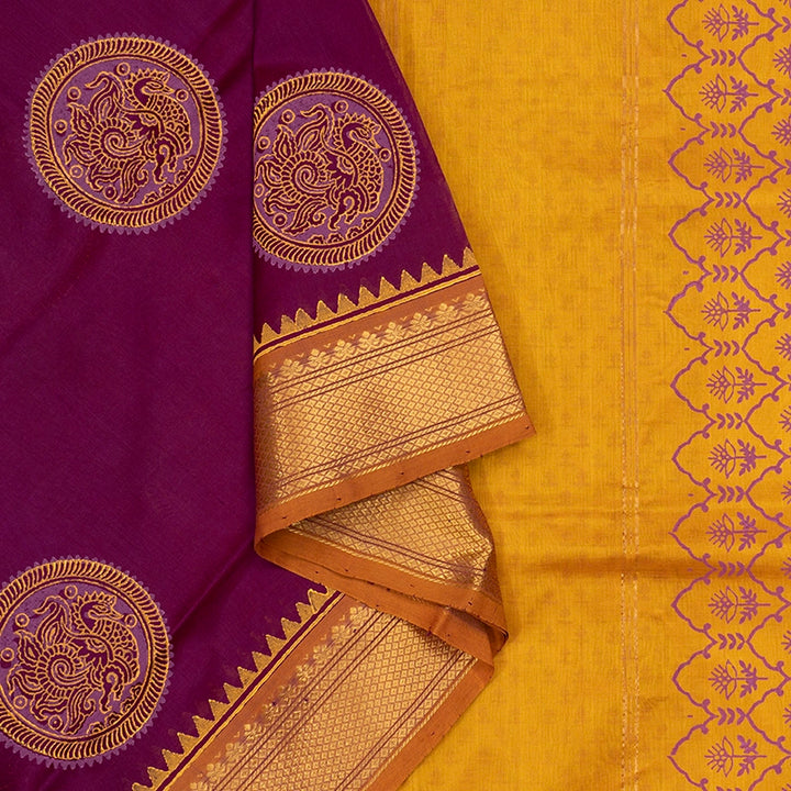 Hayagrivas Dark Magenta Pure Printed Silk Cotton Saree HBF195E2-2