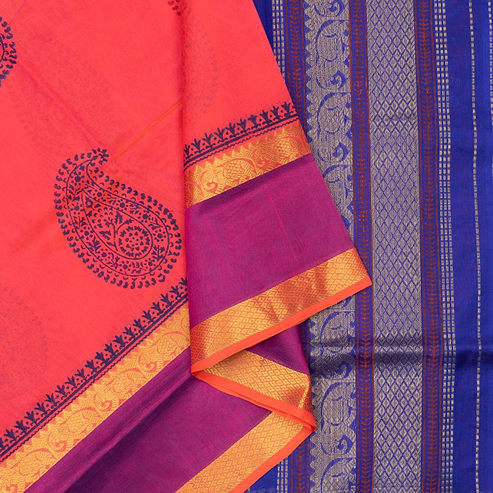 Hayagrivas Peach Pink Pure Printed Silk Cotton Saree HBF195E4-2