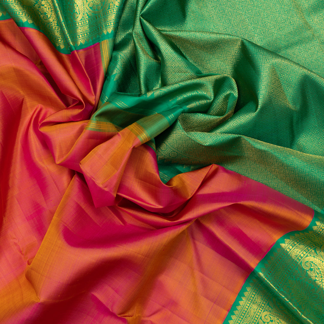 Hayagrivas Handloom Orangish-Pink Kanjivaram Silk Saree with Meenakshi Green Border KBF741H2-1