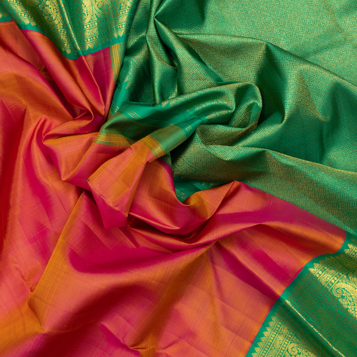 Hayagrivas Handloom Orangish-Pink Kanjivaram Silk Saree with Meenakshi Green Border KBF741H2-1
