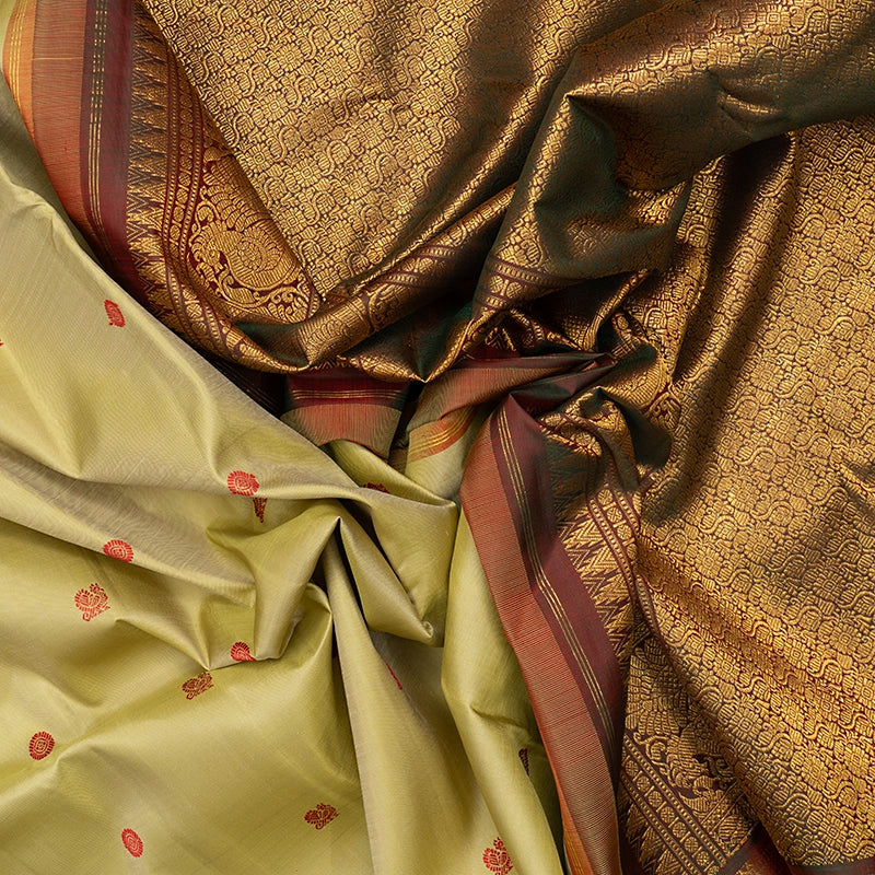 Hayagrivas Handloom Mild Elaichi Green Kanjivaram Silk Saree with Manthalir Border KBF741H3-1