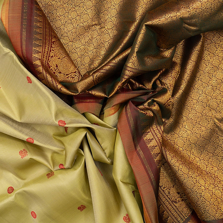 Hayagrivas Handloom Mild Elaichi Green Kanjivaram Silk Saree with Manthalir Border KBF741H3-1
