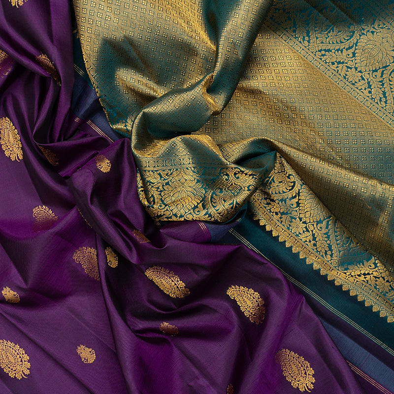Hayagrivas Handloom Purple Kanjivaram Silk Saree with Peacock Green Border KBF741H4-1
