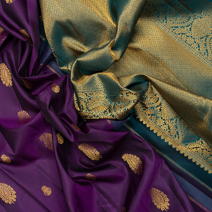 Hayagrivas Handloom Purple Kanjivaram Silk Saree with Peacock Green Border KBF741H4-1