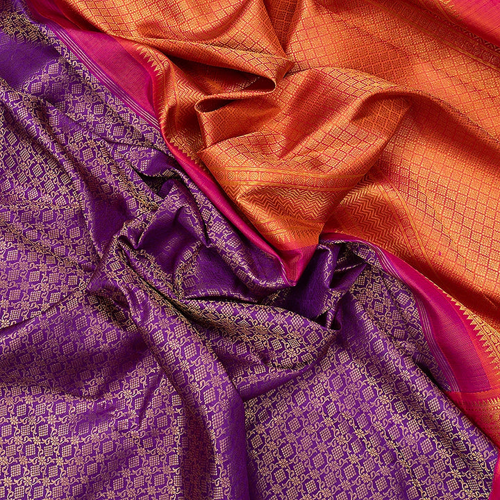 Hayagrivas Handloom Purple Kanjivaram Silk Saree with Orangish-Pink Border KBF741H5-1