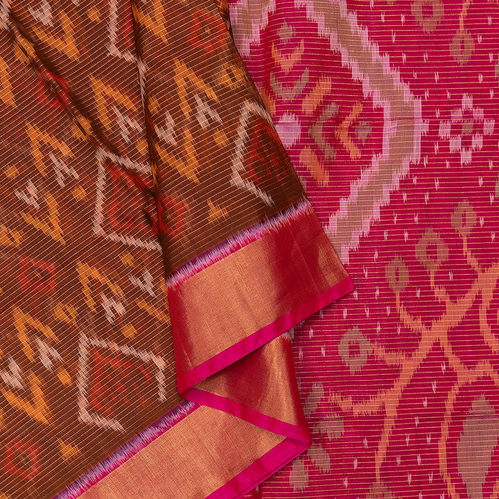 Hayagrivas Rust Orange Ikkat Kora Silk Cotton Saree SSCBF155H3-19