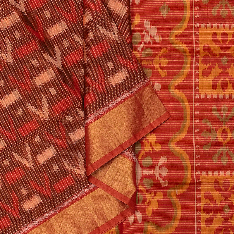 Hayagrivas Rust Brown Ikkat Kora Silk Cotton Saree SSCBF155H3-20