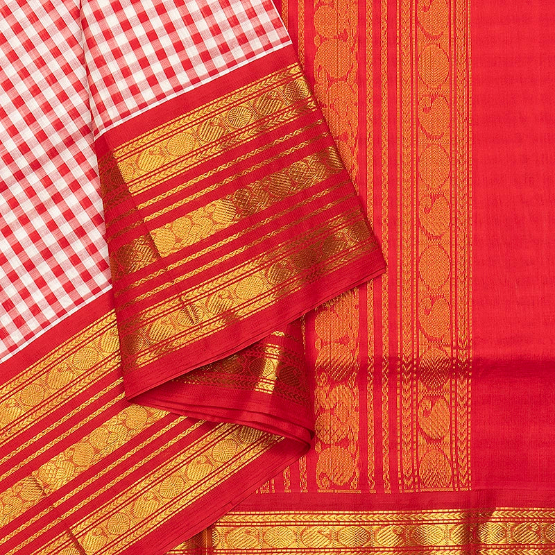 Hayagrivas Red &amp; White Checks Pure Silk Cotton Saree SSCBF176I2-1