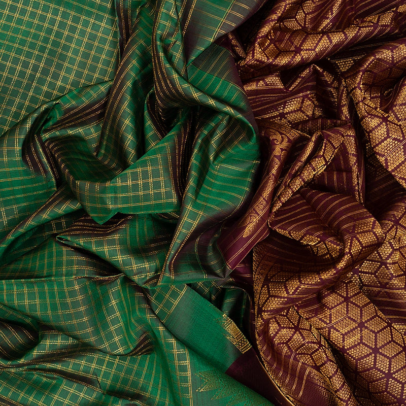 Hayagrivas Handloom Emerald Green Kanjivaram Silk Saree with Burgundy Border KBE2340B15-2