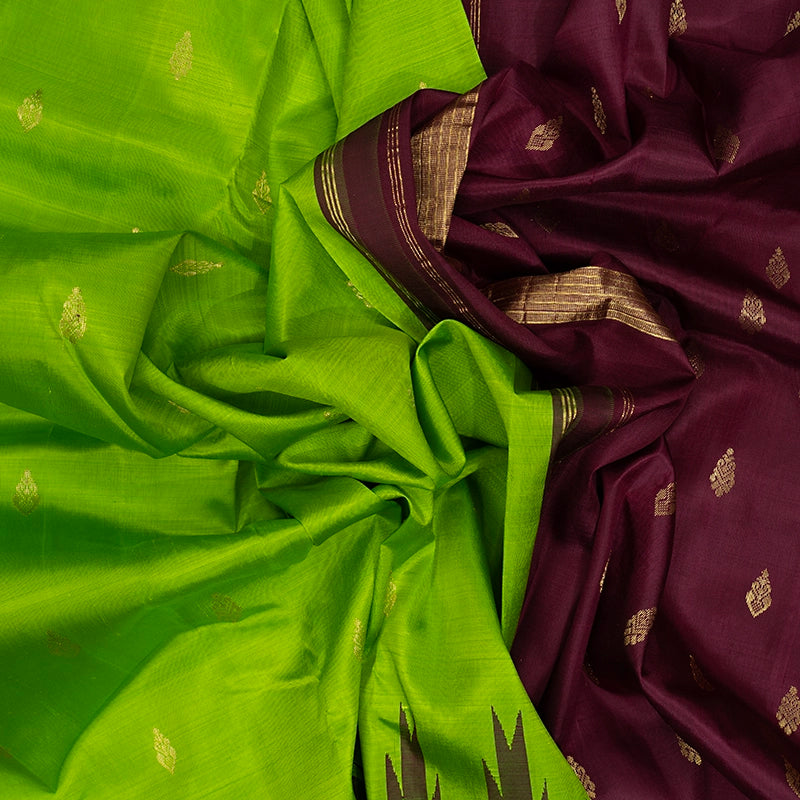 Hayagrivas Parrot Green Pure One-sided border Kanjivaram Silk Saree KBF513F2-1