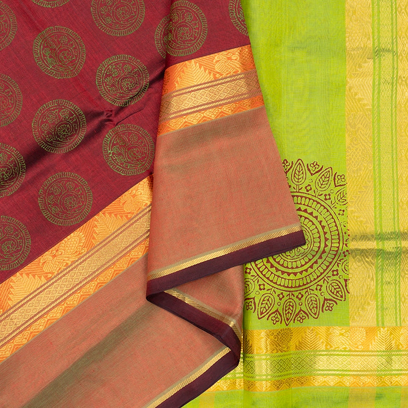 Hayagrivas Dark Maroon Pure Printed Silk Cotton Saree HBF195E4-3