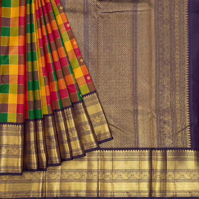 Hayagrivas Handloom Multicolour Checks Kanjivaram Silk Saree with Nagapazham Border KBF251E2-1