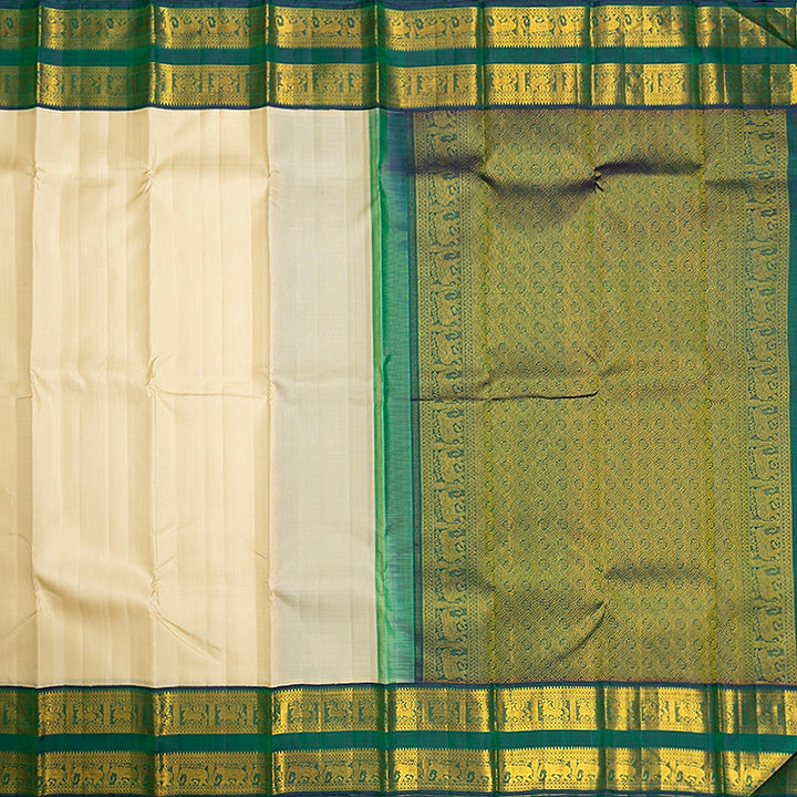 Hayagrivas Handloom Half-White Kanjivaram Silk Saree with Peacock Green Border KBF473F2-2