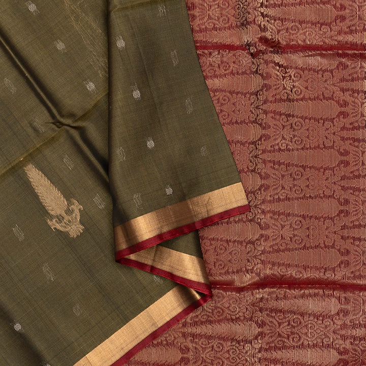 Hayagrivas Olive Green Ikkat Kora Silk Cotton Saree KSBE92A10-5