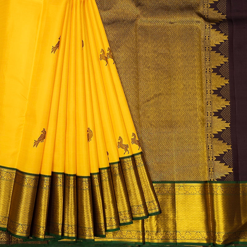 Hayagrivas Handloom Yellow Kanjivaram Silk Saree with Bottle Green Border KBF409F4-1