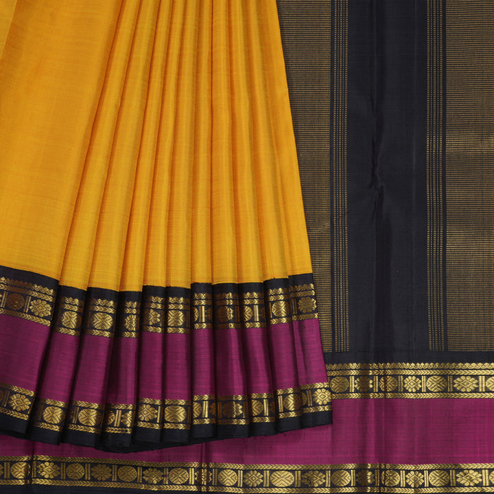 Hayagrivas Handloom Yellow Kanjivaram Silk Saree with Magenta Border KBE2418C1-1