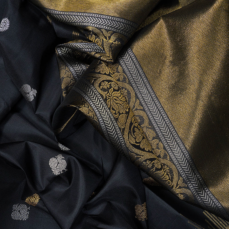 Hayagrivas Handloom Black Kanjivaram Silk Saree Temple Border KBF221E6-1