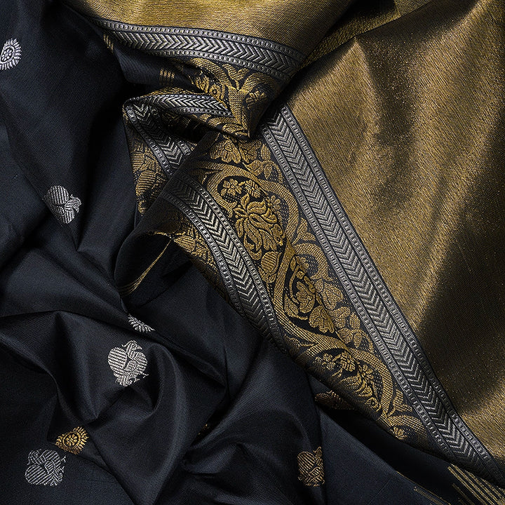 Hayagrivas Handloom Black Kanjivaram Silk Saree Temple Border KBF221E6-1