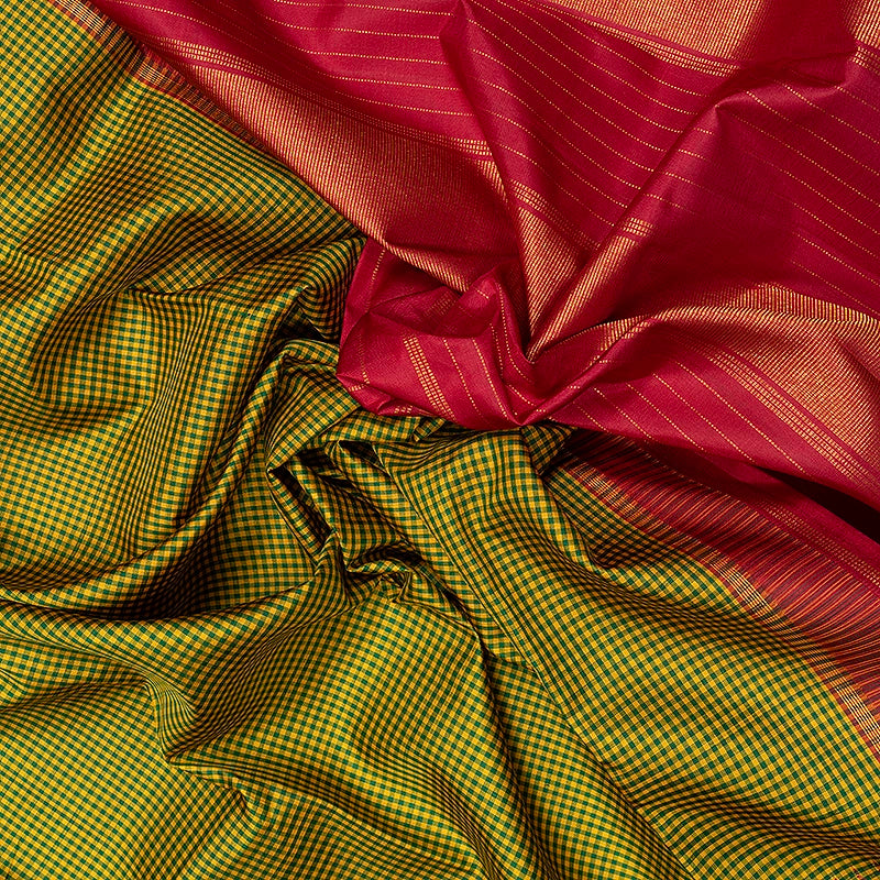 Hayagrivas Handloom Green &amp; Yellow Kanjivaram Silk Saree with Maroon Border KBF481F2-1