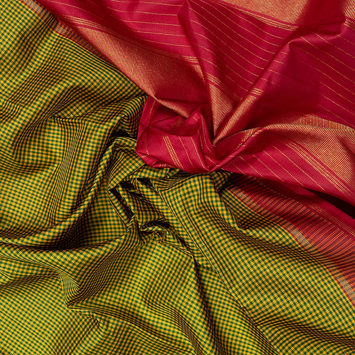 Hayagrivas Handloom Green &amp; Yellow Kanjivaram Silk Saree with Maroon Border KBF481F2-1