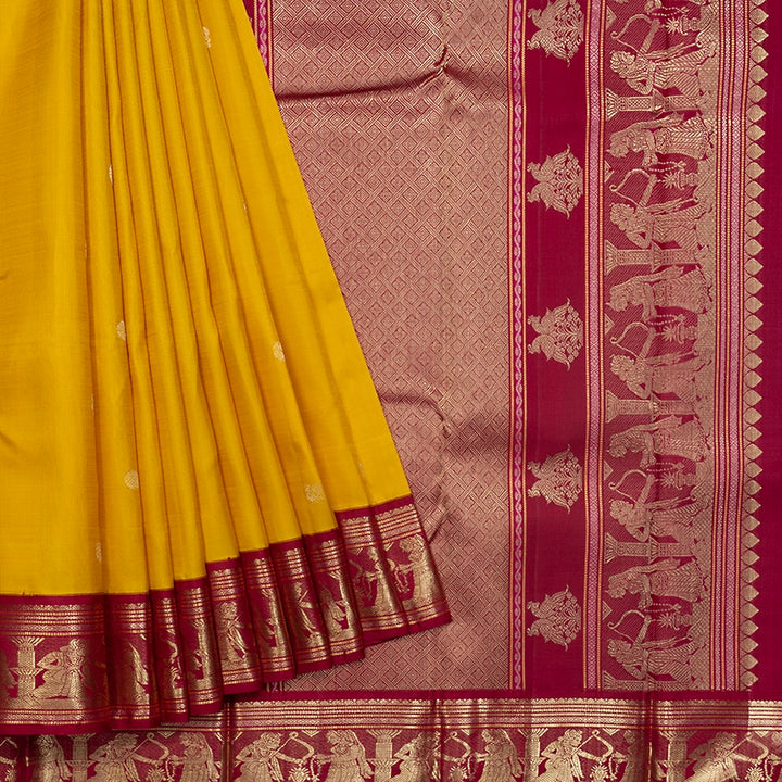 Hayagrivas Handloom Yellow Kanjivaram Silk Saree with Magenta Border KBF481F3-1