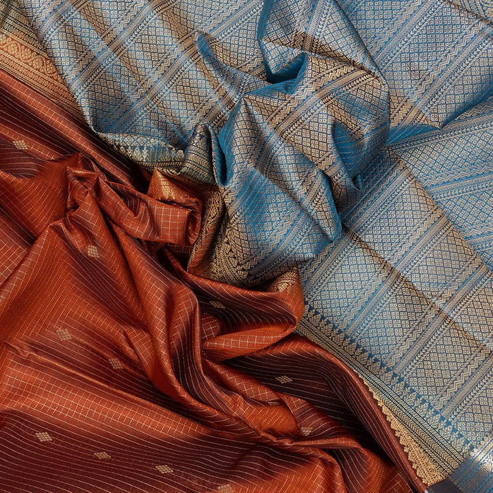 Hayagrivas Handloom Rust Orange Kanjivaram Silk Saree with Rama Blue Border KBF500F6-5